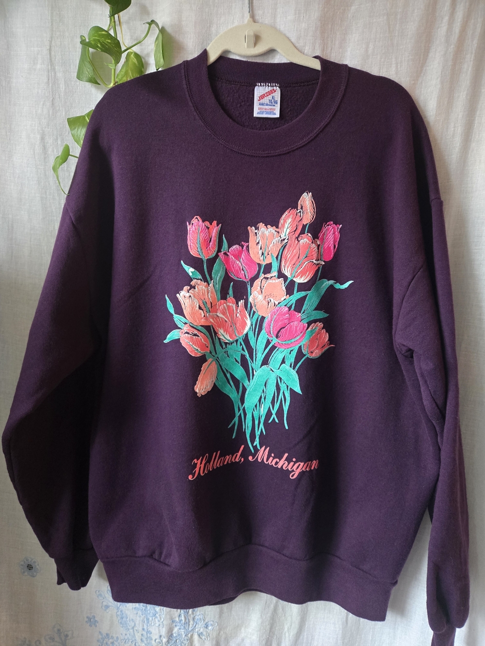 Vintage 90s Grandmacore Jerzees Graphic Crewneck Sweatshirt Plum, XL.